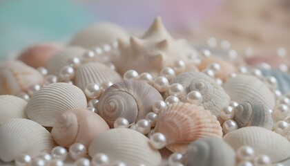 Beautiful still life of natural seashells and iridescent white pearls on a soft pastel background.