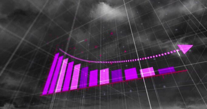 Animation of arrow on graph over grid pattern against lightning through dense clouds