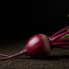 Freshly harvested deep red beet root resting on dark soil, showcasing earthy texture and vibrant natural color and healthy raw appeal ,raw ,vibrant ,burgundy
