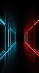 Futuristic dark background with vivid neon light trails creating an immersive abstract tunnel effect. Modern digital rendering ,glow ,bright ,dark