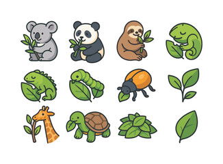 Obraz premium Colorful Folivore Icons. Folivores. Colorful isometric vector icons set of Folivores: koala eating eucalyptus, panda chewing bamboo, sloth with leaves, iguana