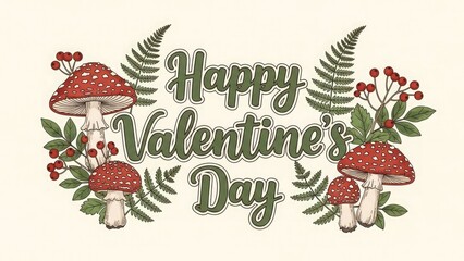 Charming Valentine's Day Illustration With Mushrooms And Ferns