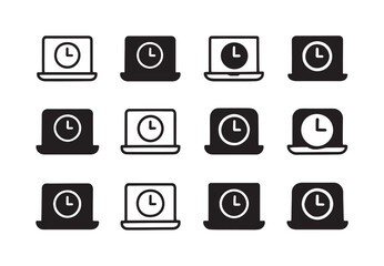 Remote Work Icon Set. Remote work productivity tips. Icon set. Set Logo of Remote work productivity tips: laptop with clock symbol. harmonious logo variations