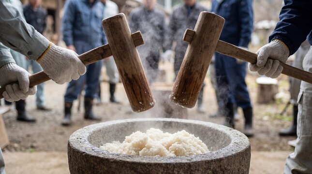 Traditional Mochi Pounding Ceremony with Wooden Mallets Close Up