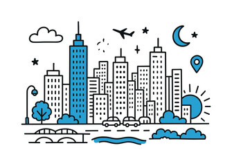 Obraz premium Vibrant Skyscraper Skyline. Skyscraper skyline. Hand-drawn doodle illustration skyscraper skyline [tall skyscraper (accented), cluster of buildings, tiny