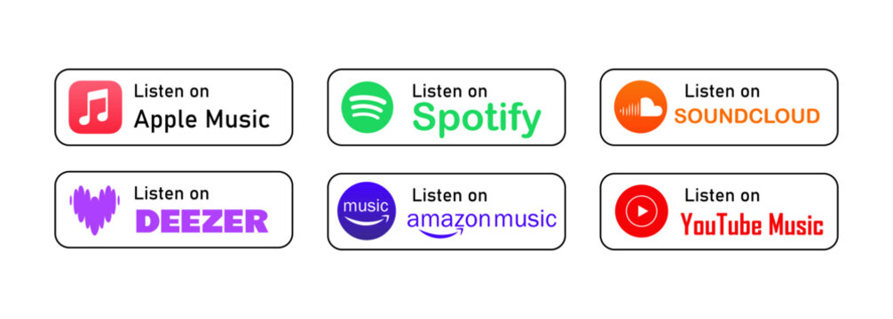 Popular music streaming services with listening badges.Music streaming platforms with popular listening badges.Apple Music, Spotify, Youtube Music, Amazon music,Deezer, Soundcloud.