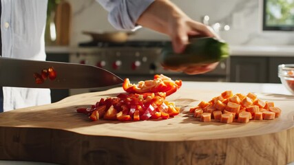 Person chopping vegetables on wooden cutting board - Powered by Adobe