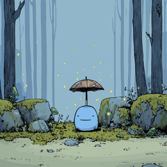 Whimsical creature under an umbrella in a serene forest