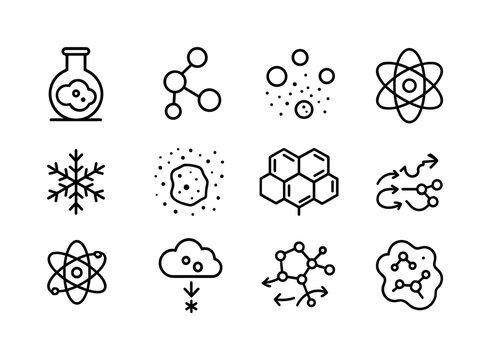 Interstellar Cloud Icons. interstellar clouds. Line icon set of interstellar clouds: cosmic chemistry flask, molecule bonding icon, ion reaction symbol, ice