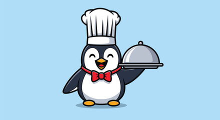 Fototapeta premium Cartoon penguin wearing a chef hat and red bow tie holds a silver serving dish on a light blue background with a playful mood.