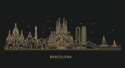 Naklejka premium Gold-colored illustration of Barcelona city skyline at night on a black background with notable landmarks.