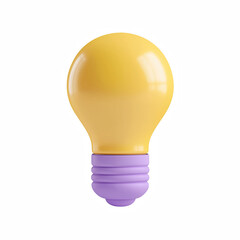3D cute cartoon light bulb icon with yellow glass and purple base isolated on transparent background.