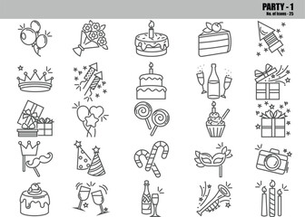 Party Line Icons Set &ndash; Celebration, Birthday, Event & Festive Outline Symbols, Editable Vector Pack