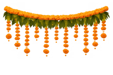 Marigold garland toran hanging with green leaves, traditional indian decoration for diwali festival celebrating culture