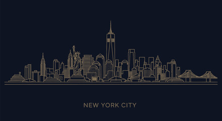 Minimalist gold line art of the New York City skyline against a dark background with the city's name in small text.