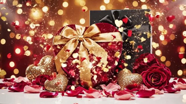 A heartshaped gift box exploding with glitter and petals surrounded by roses and smaller gold hearts against a bokeh light background