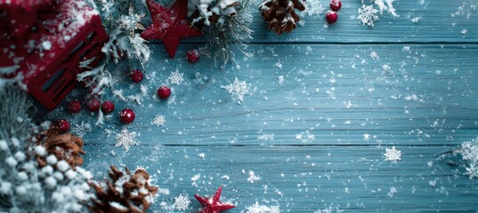 Christmas festive background with red stars pine cones and snowy details