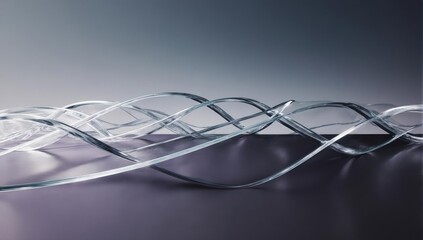 Abstract illustration of swirling, clear glass ribbons on reflective surface