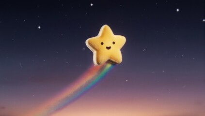 Animated smiling star riding a rainbow across a starry night sky