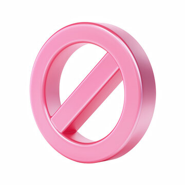 3D cute cartoon prohibition sign icon, glossy pink no symbol with diagonal bar isolated on transparent background.