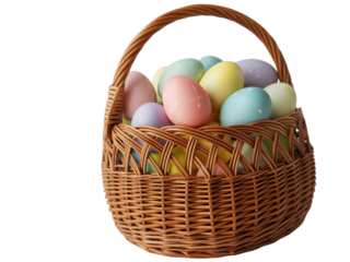 Easter sunday basket full of colorful eggs isolated on transparent background