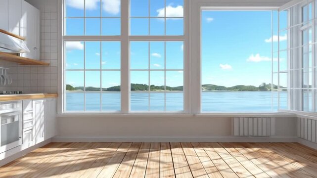 Bright, empty modern kitchen with large windows overlooking a tranquil lake and hills.