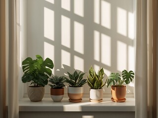A row of diverse green houseplants, including Monstera, Sansevieria, and Aglaonema, sits neatly arranged on a bright white windowsill. 