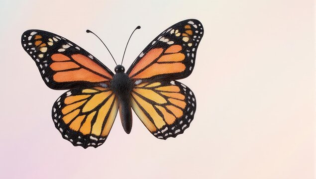Vibrant monarch butterfly with orange and black wings, pastel background