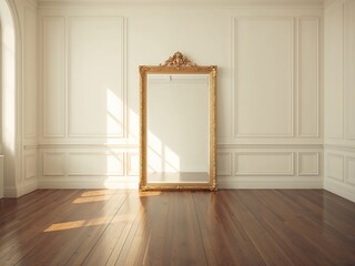 A luxurious gold-framed mirror leans against a minimal wall above white baseboards. Polished dark wood flooring catches bright sunlight in the empty room.