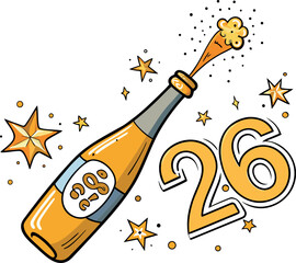 Hand drawn cartoon illustration captures the effervescent excitement of a champagne bottle popping open spectacularly next to the large golden number twenty-six symbolizing a special anniversary 
