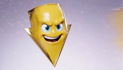 Animated gold lightning bolt character with a menacing expression against a blurred background