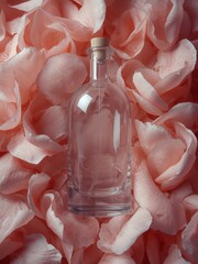 A clear glass bottle with a natural cork stopper sits a bed of soft pink rose petals. The composition suggests beauty, spa, and aromatherapy concepts, ideal for cosmetic product mockups.