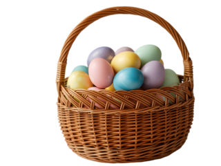 Easter sunday eggs in a woven basket isolated on transparent background