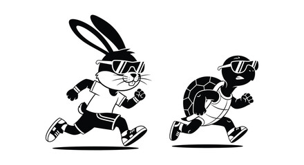 a dynamic illustration of a rabbit and a tortoise engaged in a race presented as a striking silhouette