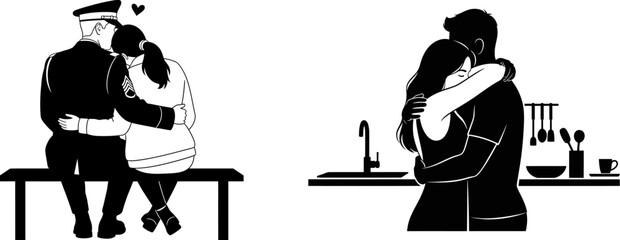 Couple hugging in kitchen and couple hugging on bench silhouette