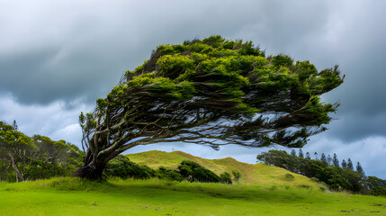 adversarial. A tree crown bent sideways by strong wind against a stormy sky. ESG reports, sustainability campaigns, designed for environmental awareness campaigns, used by videographers.