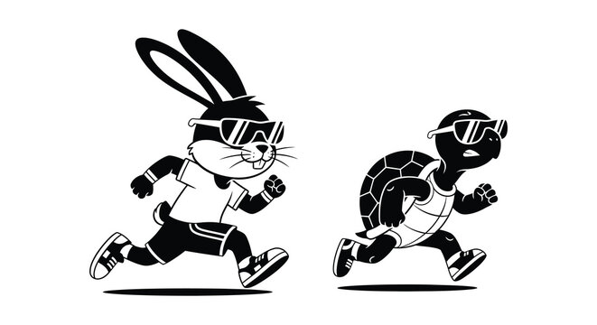 a dynamic illustration of a rabbit and a tortoise engaged in a race presented as a striking silhouette - Powered by Adobe