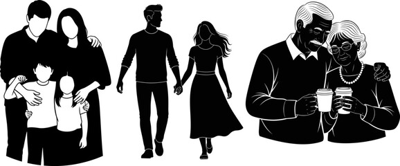 Family love silhouette parents children couple holding coffee cups together