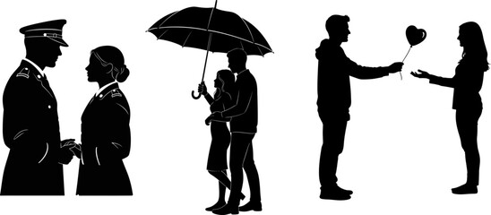 Military couple under umbrella giving heart balloon silhouette