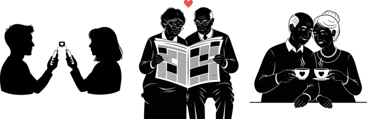 Senior couple and youth using phones silhouette life stages set