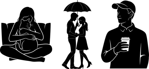 Single life lifestyle silhouettes featuring pets and coffee time
