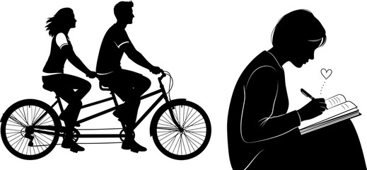 Young couple on tandem bicycle with woman writing in notebook, love concept