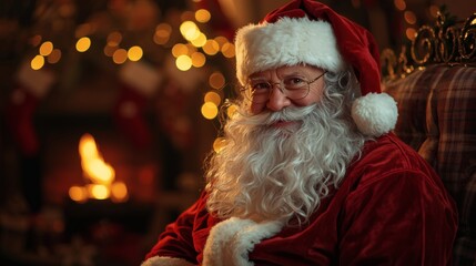 Santa Claus in Cozy Winter Scene with Warm Light and Minimal Background