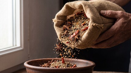 Close-up of chili powder and turmeric meeting at a bold diagonal boundary, emphasizing color contrast and texture.