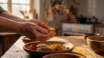 Hands scooping spices from wooden bowls, frozen mid-motion as grains cascade naturally through warm daylight.