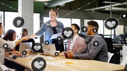 Animation of network of connections over diverse business people discussing work in office - Powered by Adobe