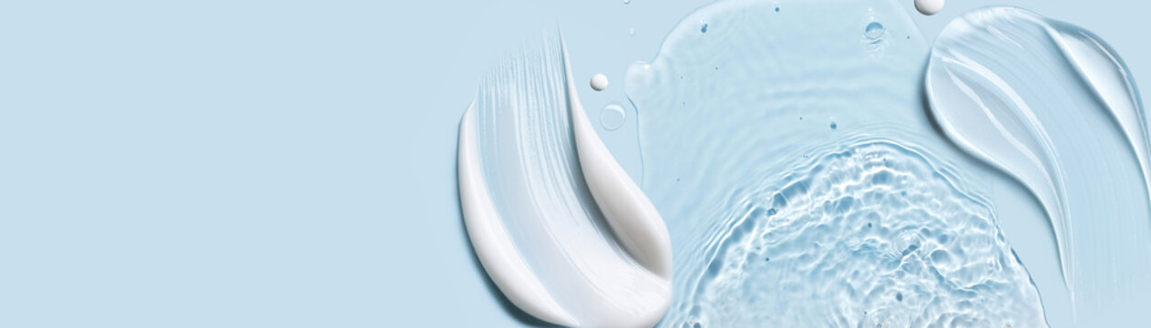 cosmetic cream smears, smooth and shiny texture, water texture ripple wave clean transparent water drops abstract blue background