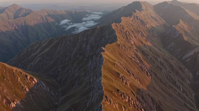 aerial ridge golden hour sunrise alpine, dramatic serrated rock formations bathed in warm light, deep valleys with low cloud, rugged textures and steep shadows ideal for travel, geology and landscape
