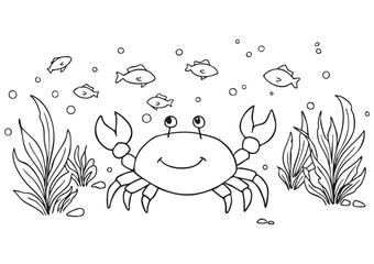 ISO A1 Kids Coloring Page with a Cute Smiling Crab Watching Fish Under the Sea, Seaweed Around, Friendly Underwater Scene in Clean Black and White EPS Line Art