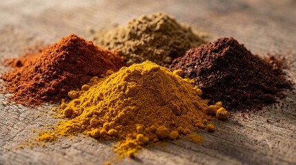 Ultra-realistic 8K macro photograph of finely ground spices arranged in organic mounds, revealing extreme surface texture, micro-grains and tactile detail under soft directional daylight.